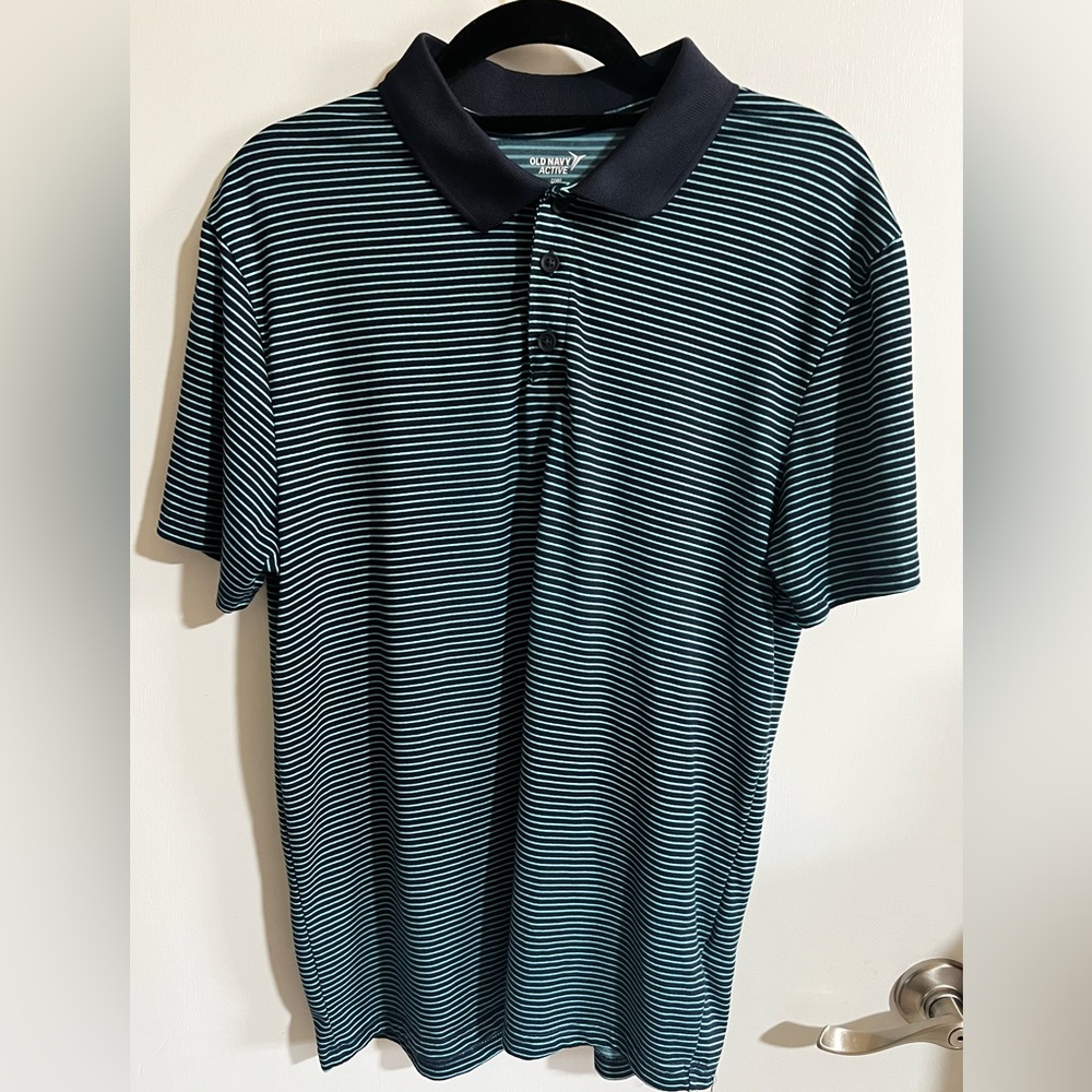Old Navy Men's Golf Blue and Green Striped Polo Shirt